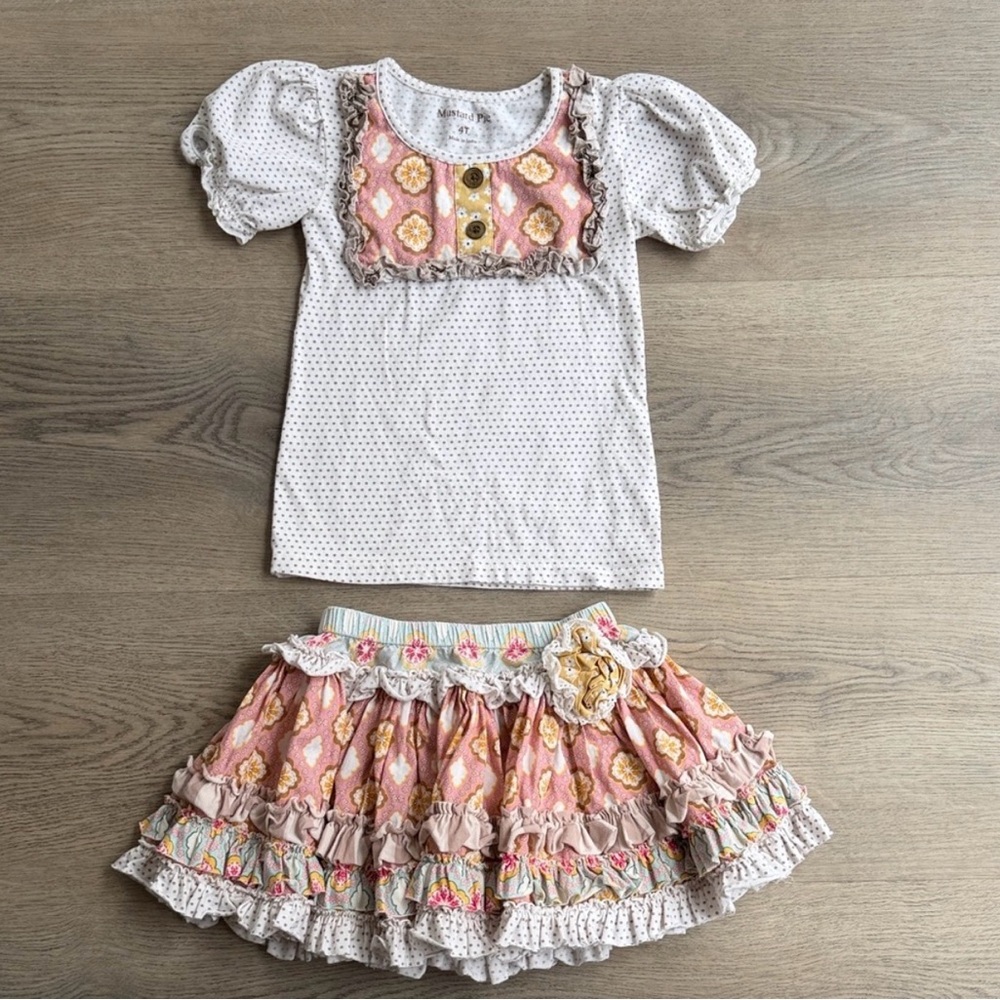 Mustard Pie Girls Floral Pink Ruffle Skirt Set